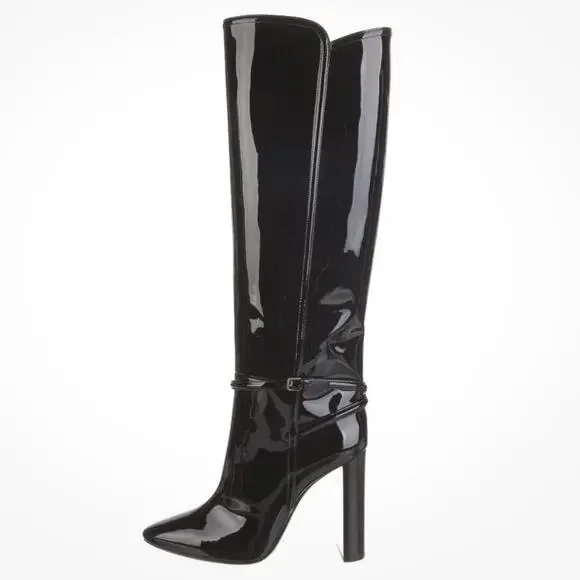 Saint Laurent Tall Knee-High Black Patent Leather Boots 40 - Picture 1 of 13
